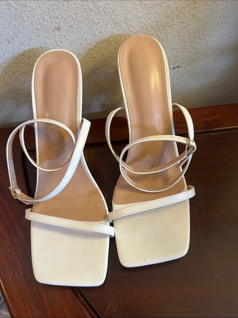 White Strappy Heeled Sandals with Sculptural Gold Ring Heel